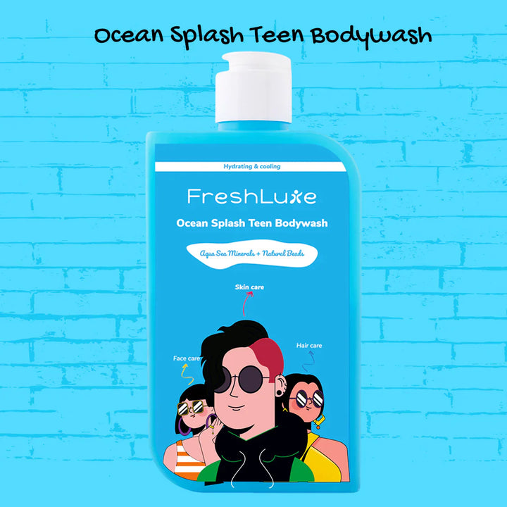 FreshLuxe Ocean Splash Teen Bodywash bottle with cartoon characters on a blue brick background