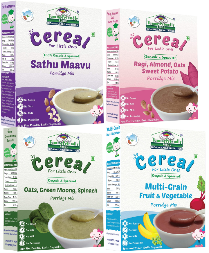 TummyFriendly Foods Organic Sprouted Porridge Mixes Combo | Multigrain, Multimillet, Fruits, Vegetables | 200g each (Pack of 4)