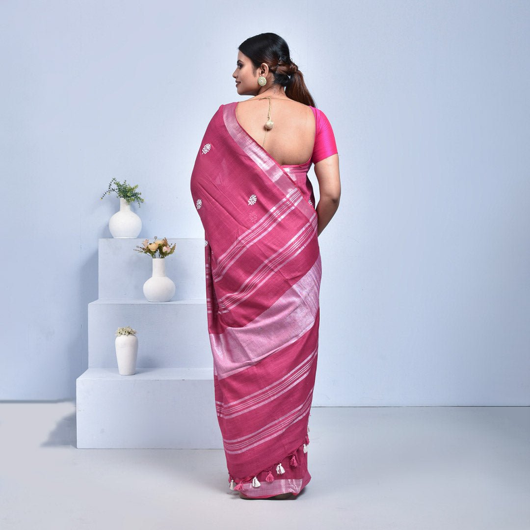 Stotra Fuchsia Pink Floral Design Embroidered Linen Saree - Suspire