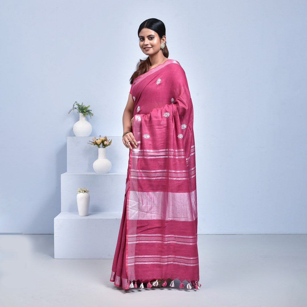 Stotra Fuchsia Pink Floral Design Embroidered Linen Saree - Suspire