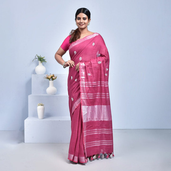 Stotra Fuchsia Pink Floral Design Embroidered Linen Saree - Suspire