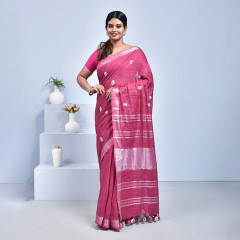 Stotra Fuchsia Pink Floral Design Embroidered Linen Saree