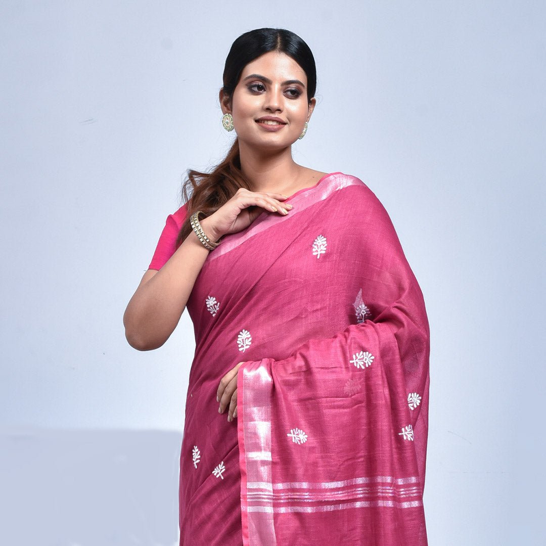 Stotra Fuchsia Pink Floral Design Embroidered Linen Saree - Suspire