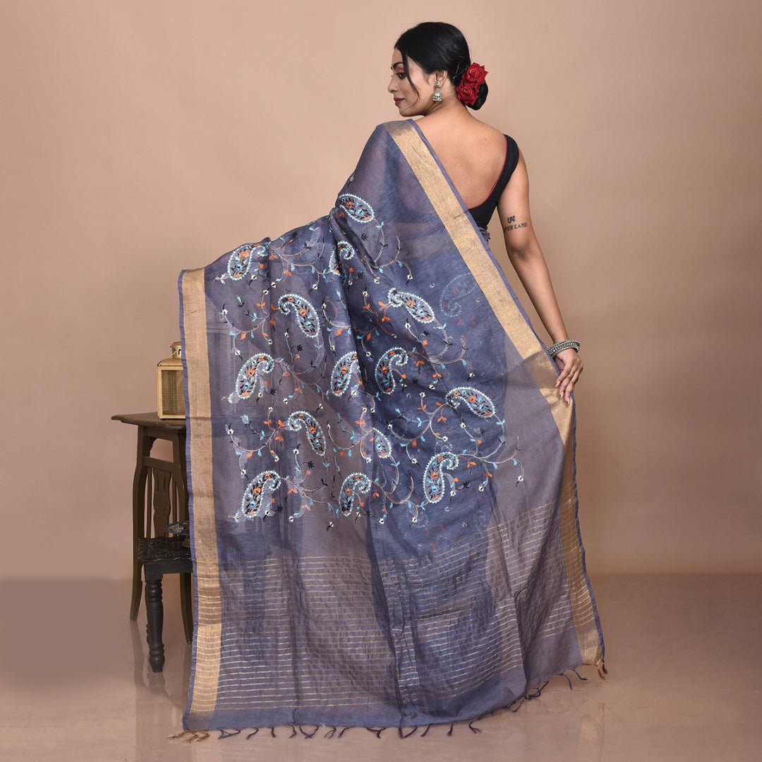 Stotra Grey Paisley Design Embroidered Linen Saree - Suspire