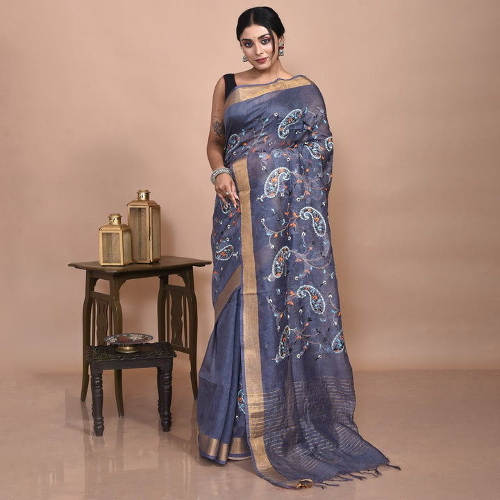 Stotra Grey Paisley Design Embroidered Linen Saree - Suspire