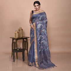 Stotra Grey Paisley Design Embroidered Linen Saree