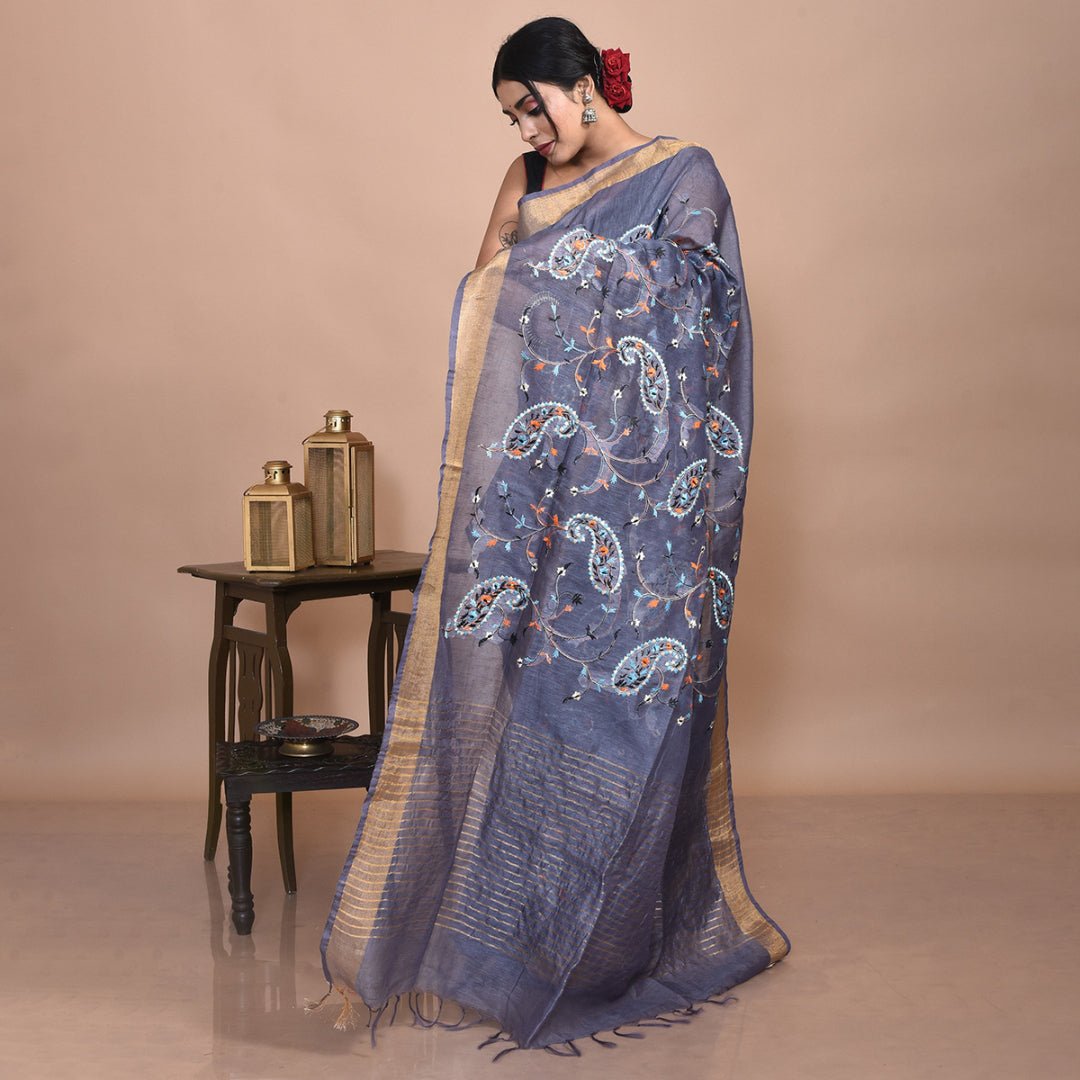 Stotra Grey Paisley Design Embroidered Linen Saree - Suspire