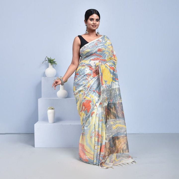 Stotra Marble Print Pure Linen Saree - Suspire