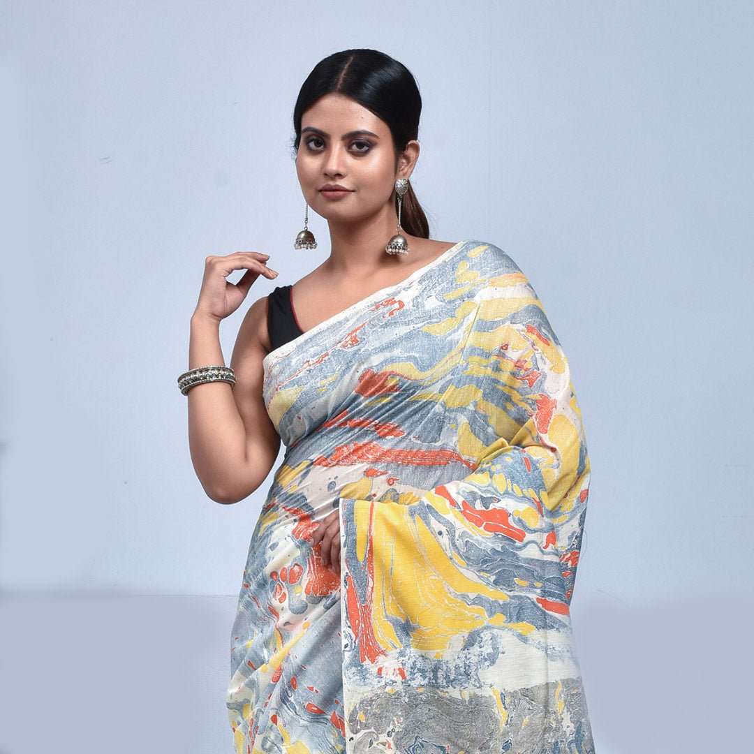 Stotra Marble Print Pure Linen Saree - Suspire