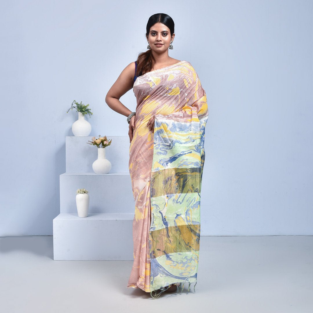 Stotra Marble Print Pure Linen Saree - Suspire