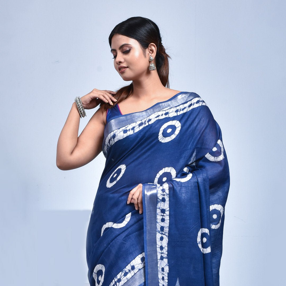 Stotra Navy Blue Batik Print Linen Saree - Suspire