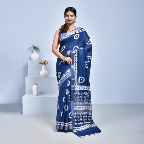 Stotra Navy Blue Batik Print Linen Saree