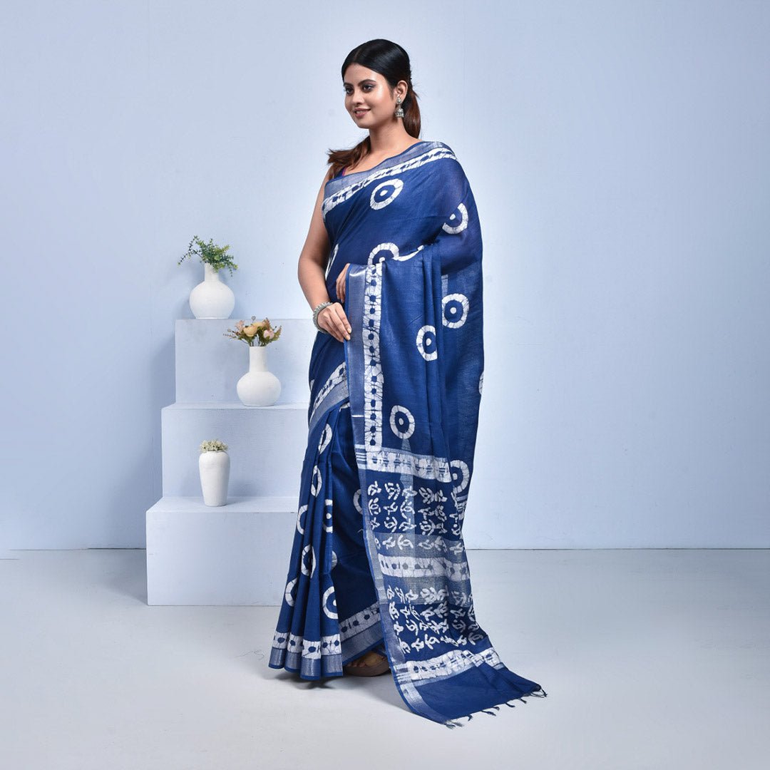 Stotra Navy Blue Batik Print Linen Saree - Suspire