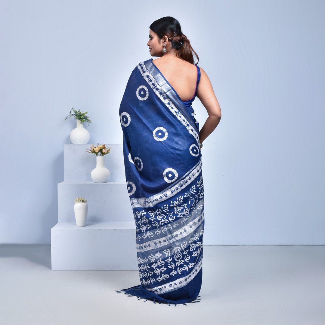 Stotra Navy Blue Batik Print Linen Saree - Suspire