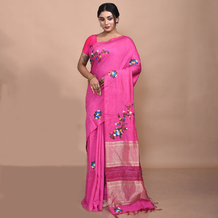 Stotra Pink Floral Design Hand Embroidered Linen Saree - Suspire