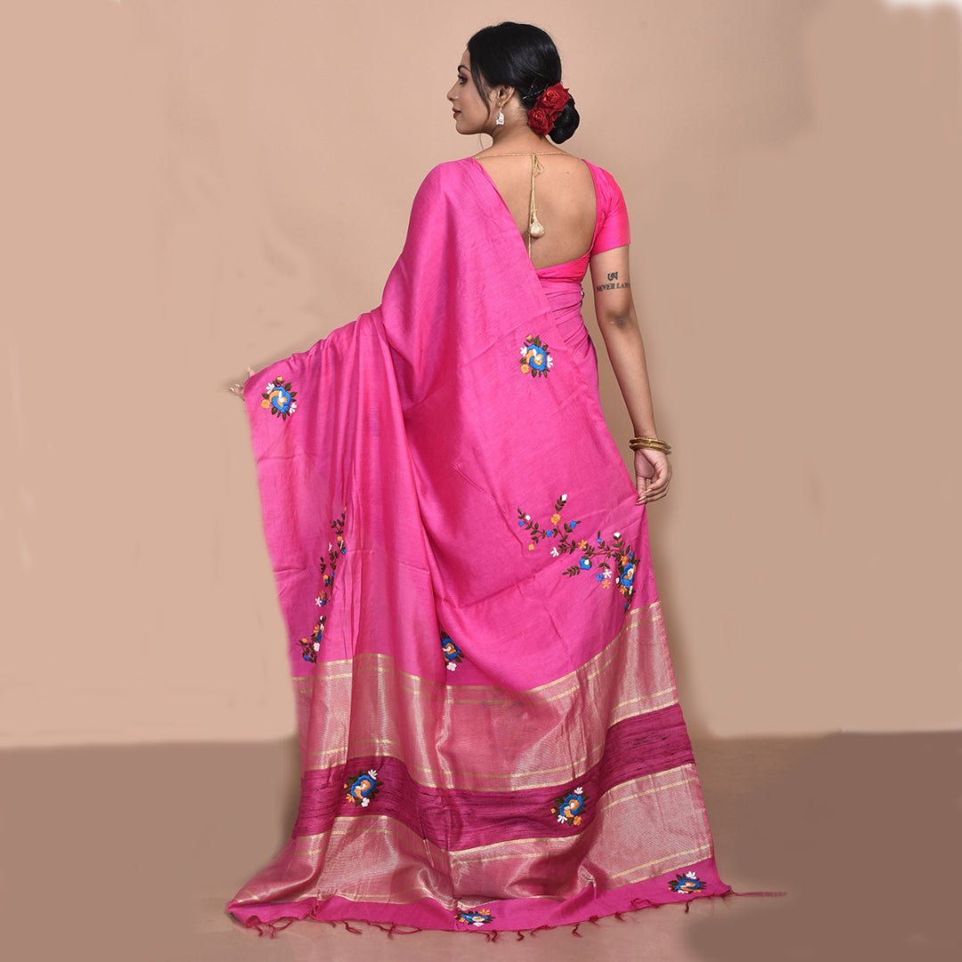 Stotra Pink Floral Design Hand Embroidered Linen Saree - Suspire