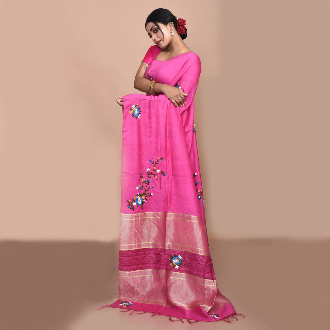 Stotra Pink Floral Design Hand Embroidered Linen Saree - Suspire