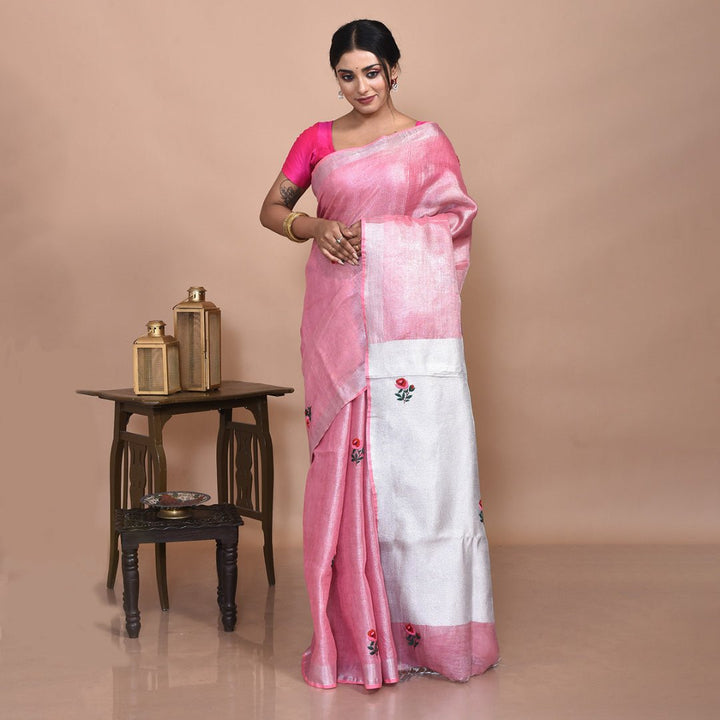 Stotra Pink Silver Rose Design Hand Embroidered Linen Saree - Suspire