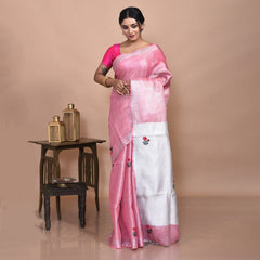 Stotra Pink Silver Rose Design Hand Embroidered Linen Saree