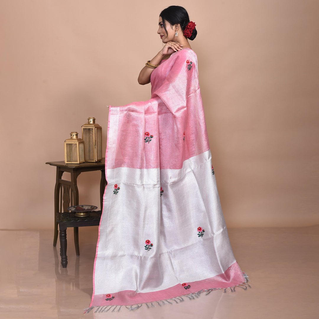 Stotra Pink Silver Rose Design Hand Embroidered Linen Saree - Suspire
