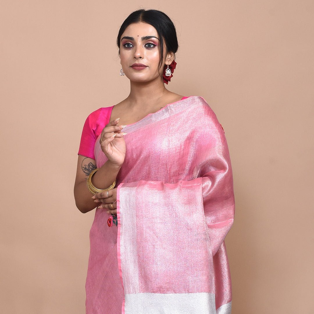 Stotra Pink Silver Rose Design Hand Embroidered Linen Saree - Suspire