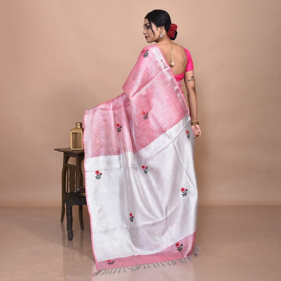 Stotra Pink Silver Rose Design Hand Embroidered Linen Saree - Suspire