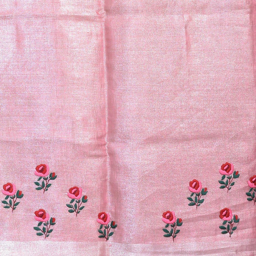 Stotra Pink Silver Rose Design Hand Embroidered Linen Saree - Suspire