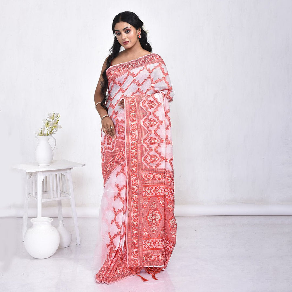 Stotra Red & White Linen Saree