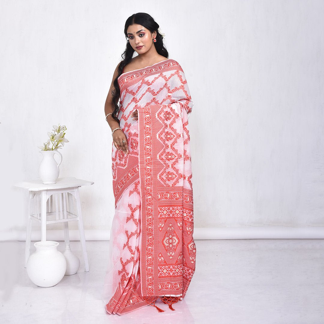 Stotra Red & White Linen Saree - Suspire