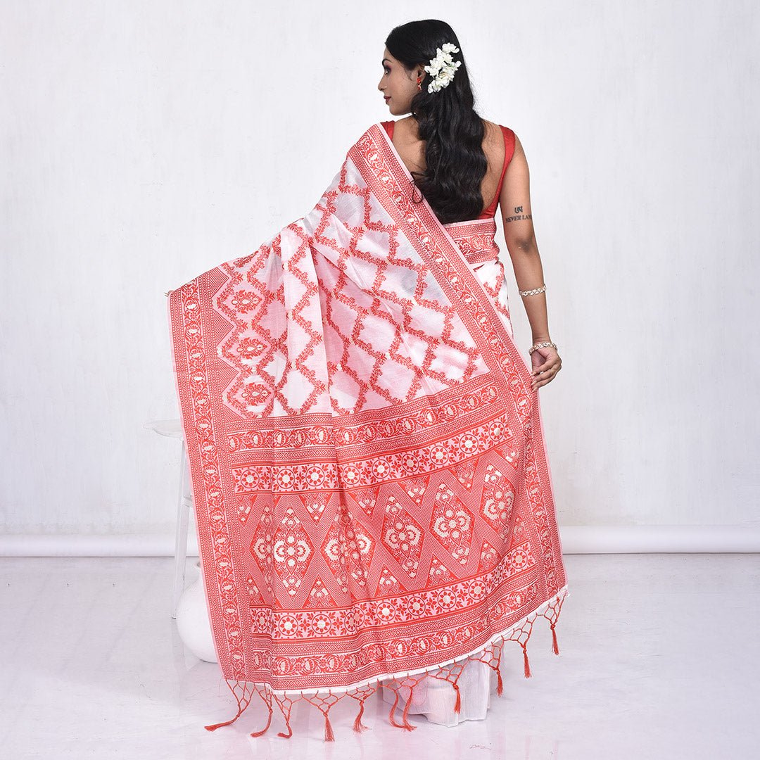 Stotra Red & White Linen Saree - Suspire