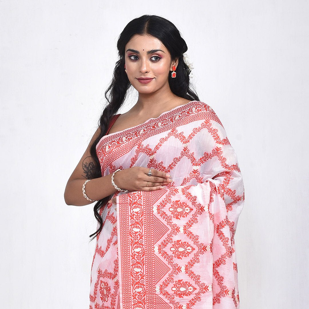 Stotra Red & White Linen Saree - Suspire