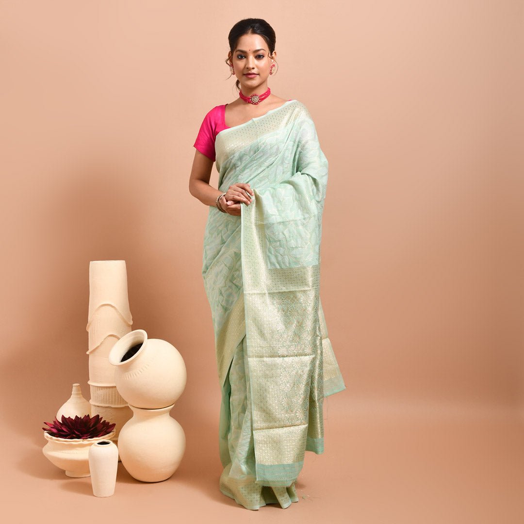 Stotra Sea Green Floral Design Banaras Linen Saree - Suspire