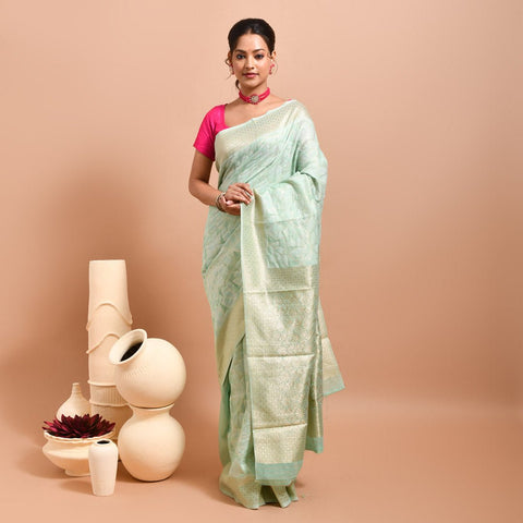 Stotra Sea Green Floral Design Banaras Linen Saree