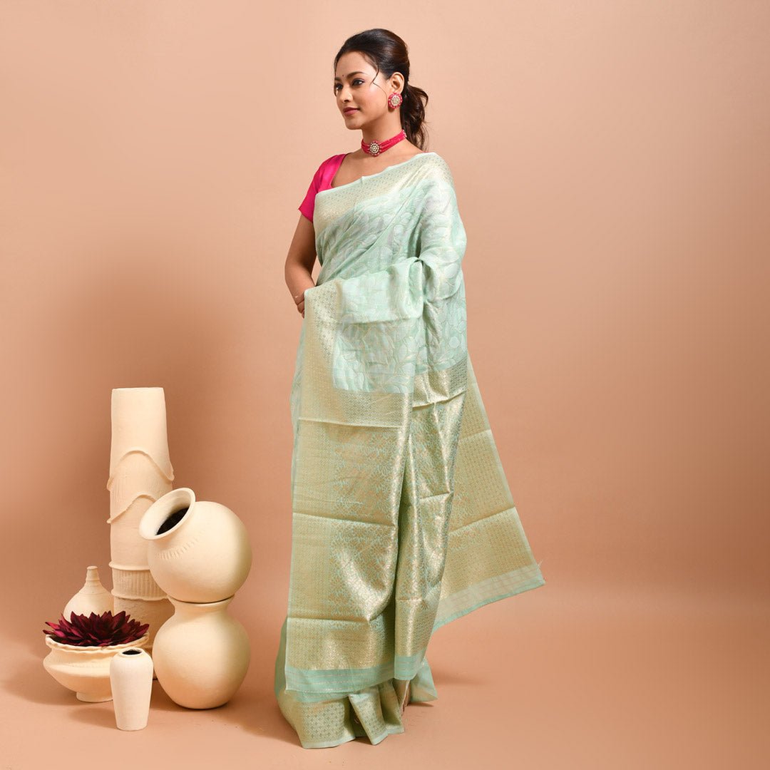 Stotra Sea Green Floral Design Banaras Linen Saree - Suspire
