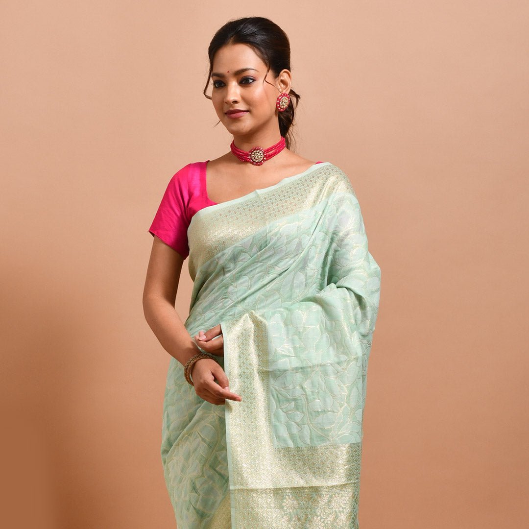 Stotra Sea Green Floral Design Banaras Linen Saree - Suspire