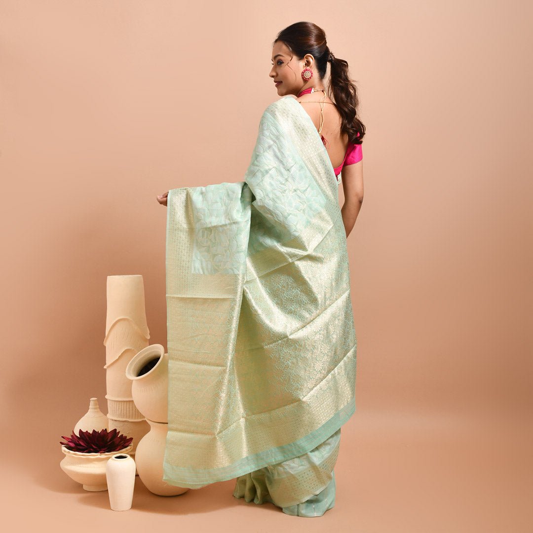 Stotra Sea Green Floral Design Banaras Linen Saree - Suspire