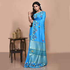 Stotra Sky Blue Floral Design Hand Embroidered Linen Saree