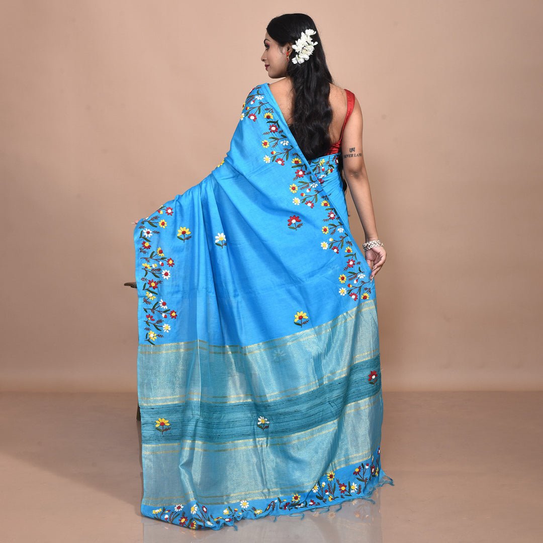 Stotra Sky Blue Floral Design Hand Embroidered Linen Saree - Suspire