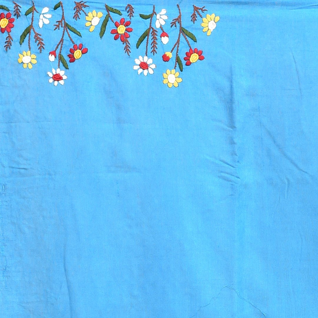 Stotra Sky Blue Floral Design Hand Embroidered Linen Saree - Suspire