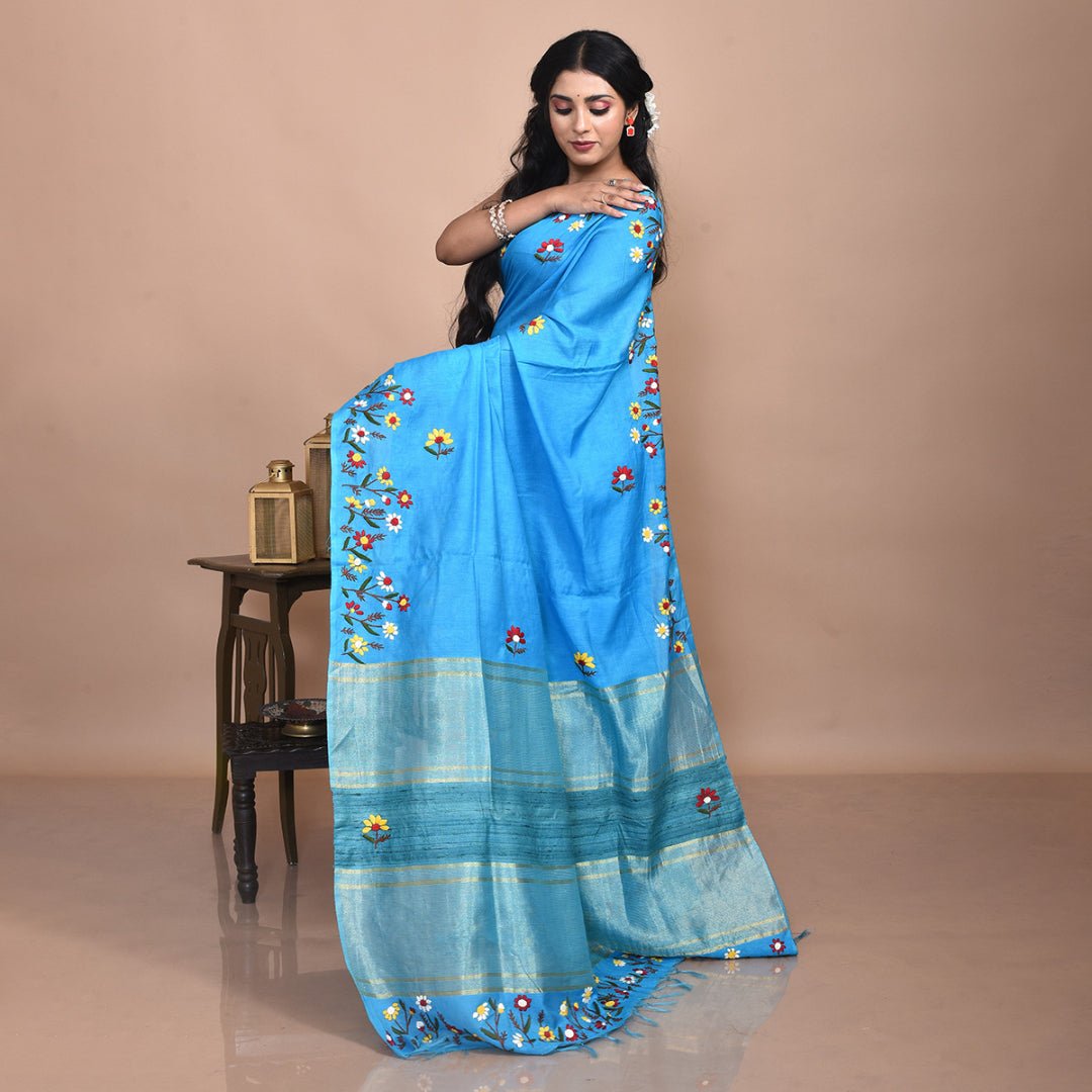 Stotra Sky Blue Floral Design Hand Embroidered Linen Saree - Suspire