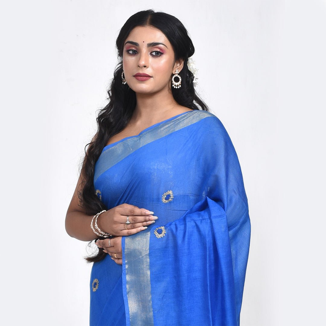 Stotra Sun flower Design Hand Embroidered Linen Saree - Suspire