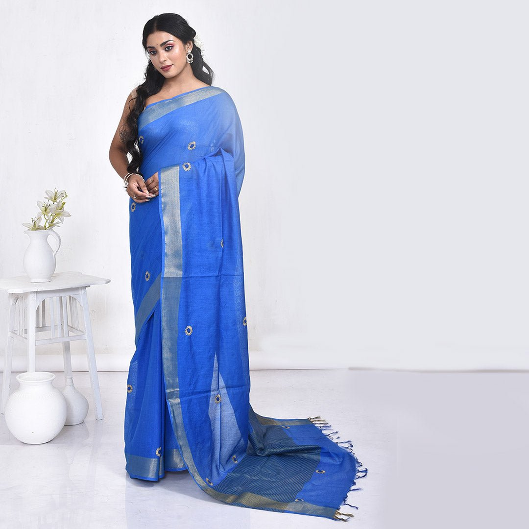 Stotra Sun flower Design Hand Embroidered Linen Saree - Suspire