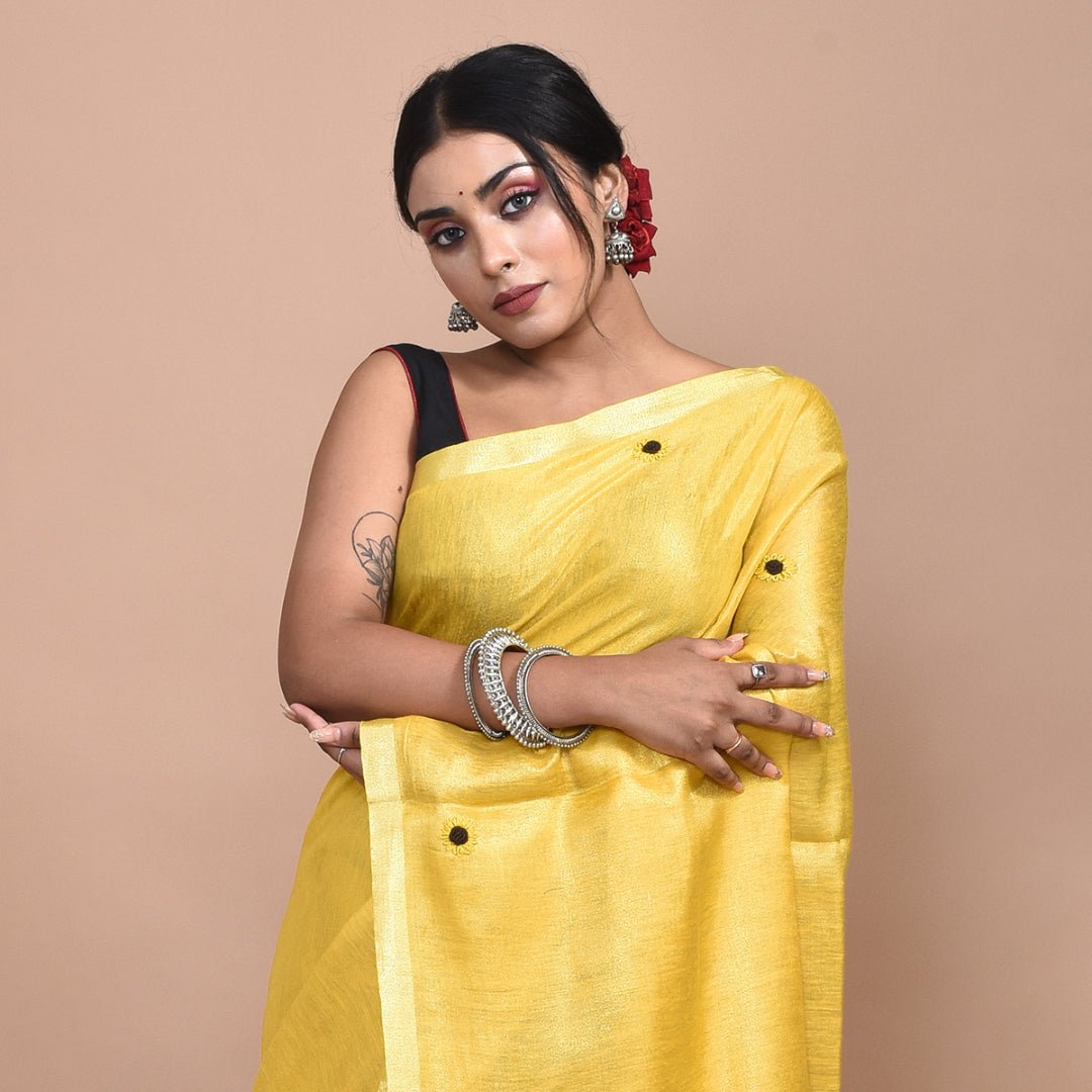 Stotra Sun flower Design Hand Embroidered Linen Saree - Suspire