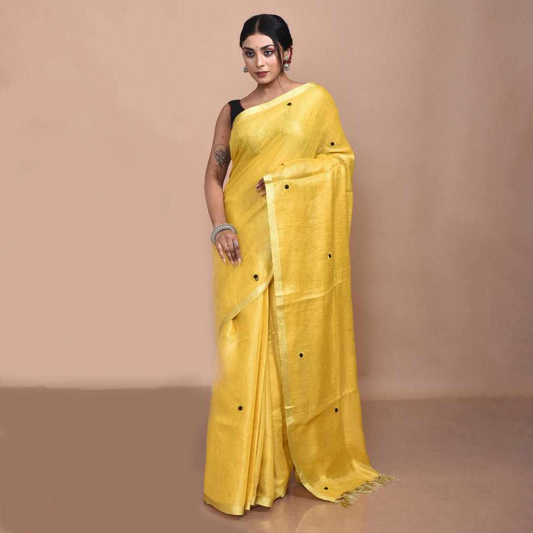 Stotra Sun flower Design Hand Embroidered Linen Saree - Suspire