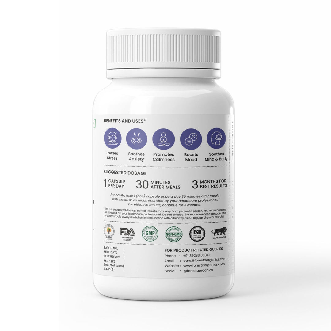 Foresta Organics Stress Health with Ashwagandha, Chamomile, Lemon Balm & Passion Flower - 60 Capsules