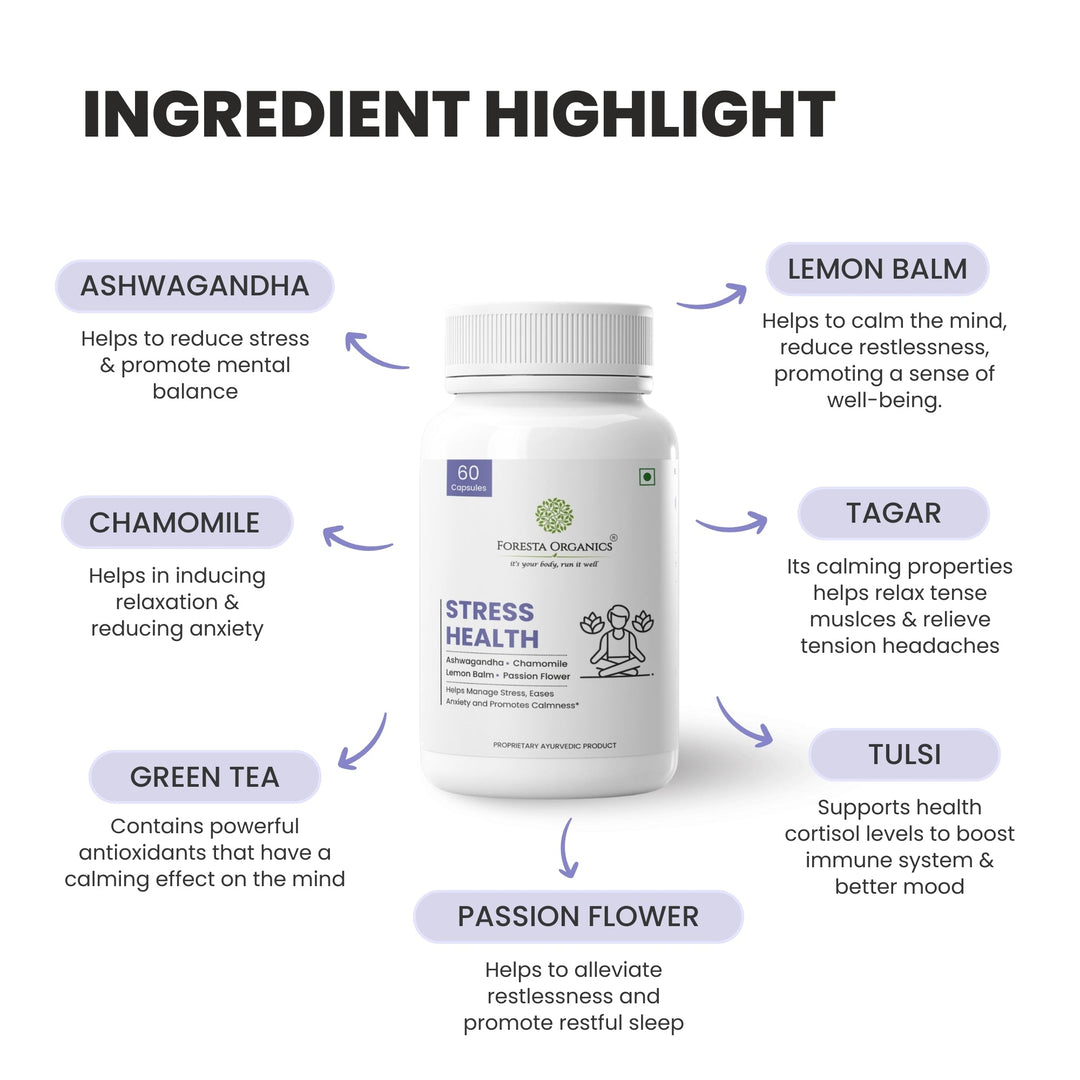 Foresta Organics Stress Health with Ashwagandha, Chamomile, Lemon Balm & Passion Flower - 60 Capsules