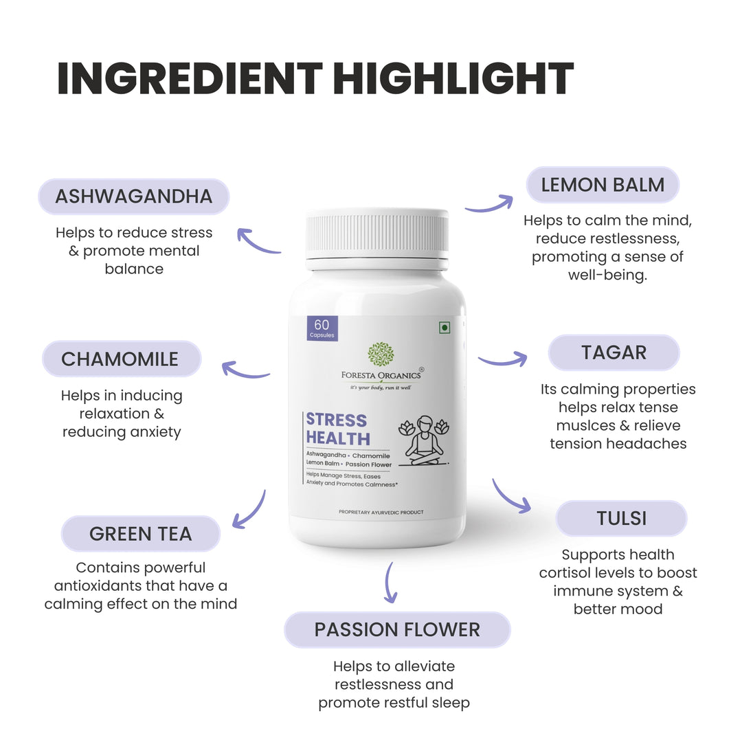 Foresta Organics Stress Health with Ashwagandha, Chamomile, Lemon Balm & Passion Flower - 60 Capsules