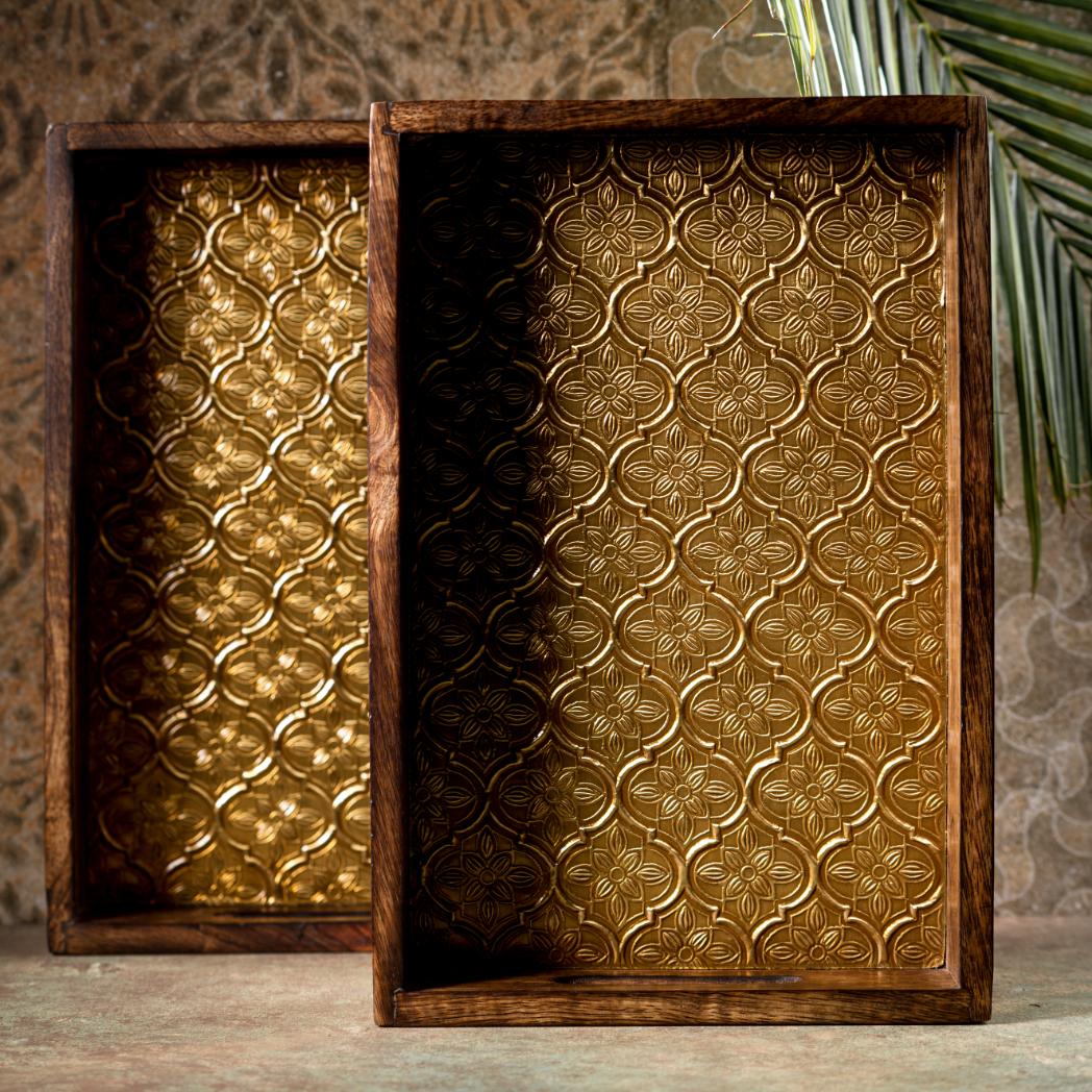 Araana Home Sunheri Gart Rectangular Tray with Golden Metal Sheet on Top