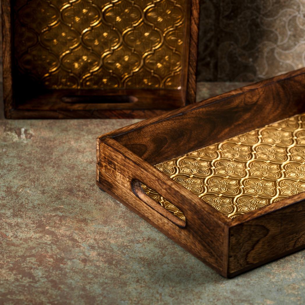 Araana Home Sunheri Gart Rectangular Tray with Golden Metal Sheet on Top