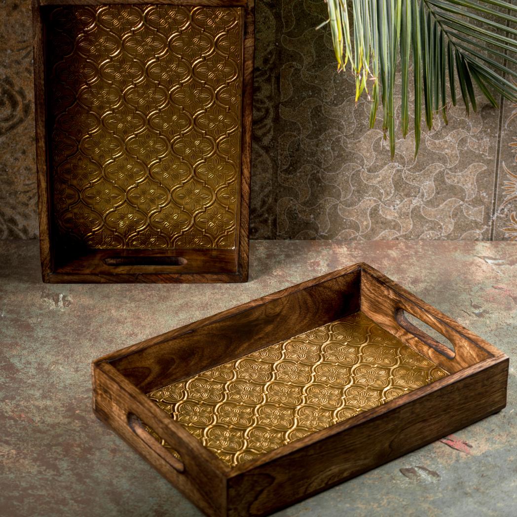 Araana Home Sunheri Gart Rectangular Tray with Golden Metal Sheet on Top